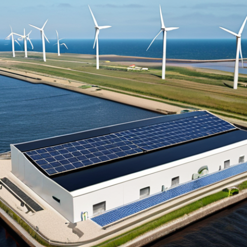 Home 11 **A futuristic seawater desalination plant on the Dutch coast, powered by a large wind farm and solar panels. The plant utilizes advanced graphene membrane technology. In the background, a thriving Dutch coastal city is visible, showcasing sustainable water management.**