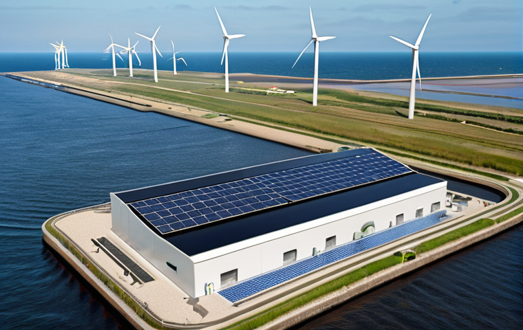 **A futuristic seawater desalination plant on the Dutch coast, powered by a large wind farm and solar panels. The plant utilizes advanced graphene membrane technology. In the background, a thriving Dutch coastal city is visible, showcasing sustainable water management.**